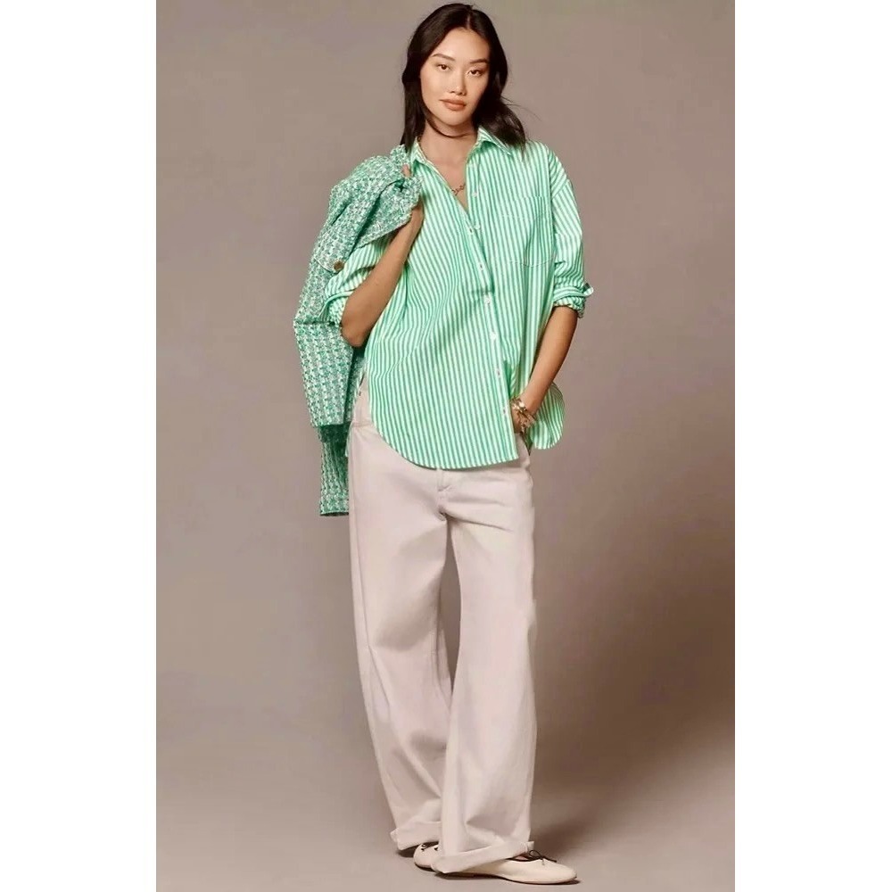 Anthropologie MAEVE The Bennet Green Stripe Buttondown Shirt Top Medium